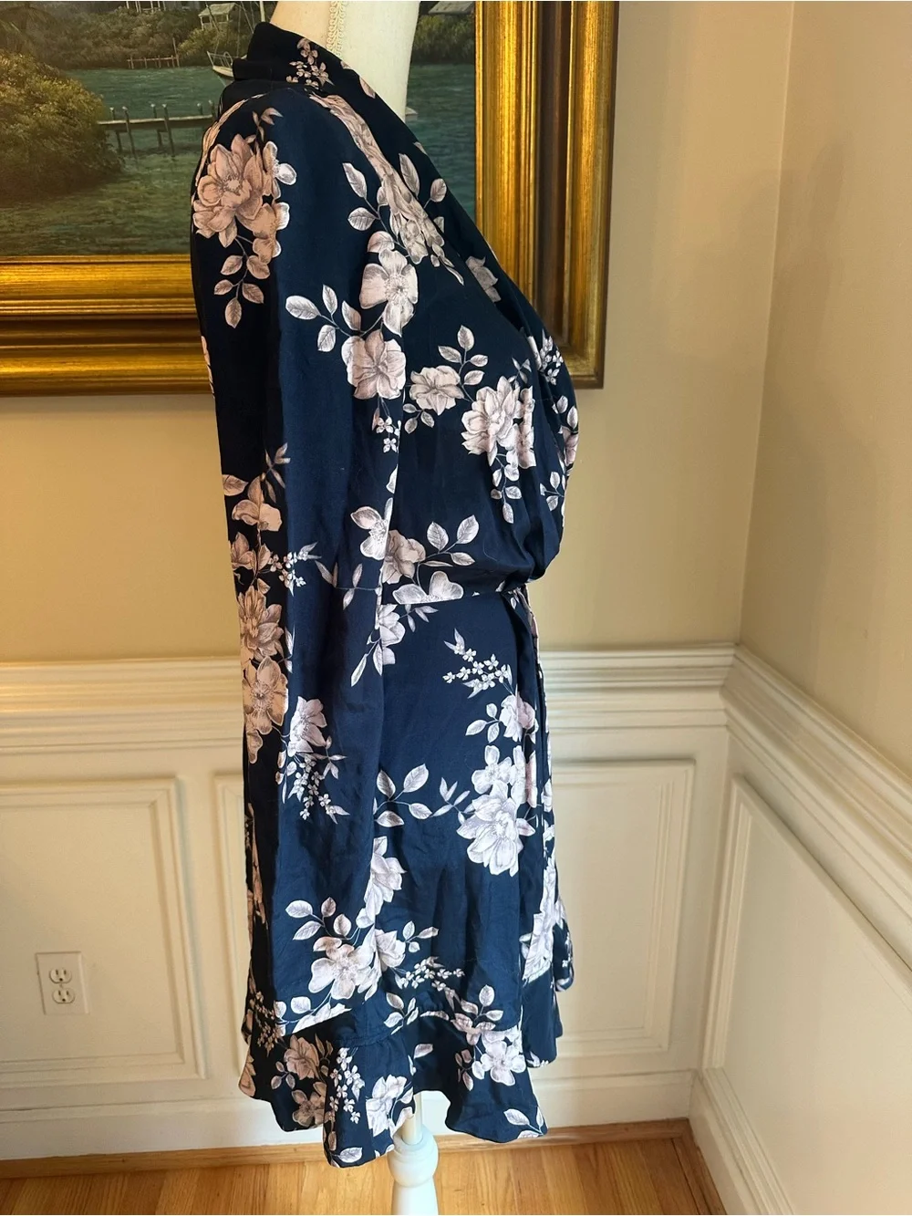 MARISSA WEBB Navy Blue Pink Floral Wrap Ruffle Dress